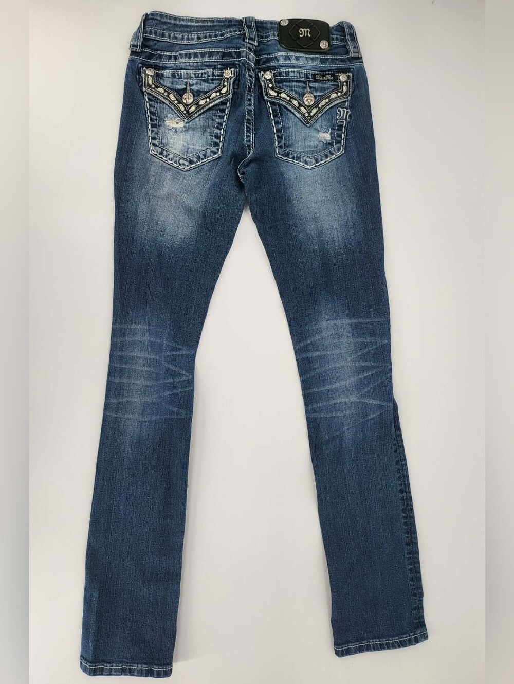 Miss Me Women's Straight Leg Jeans - Blue with Embellished Back Pockets